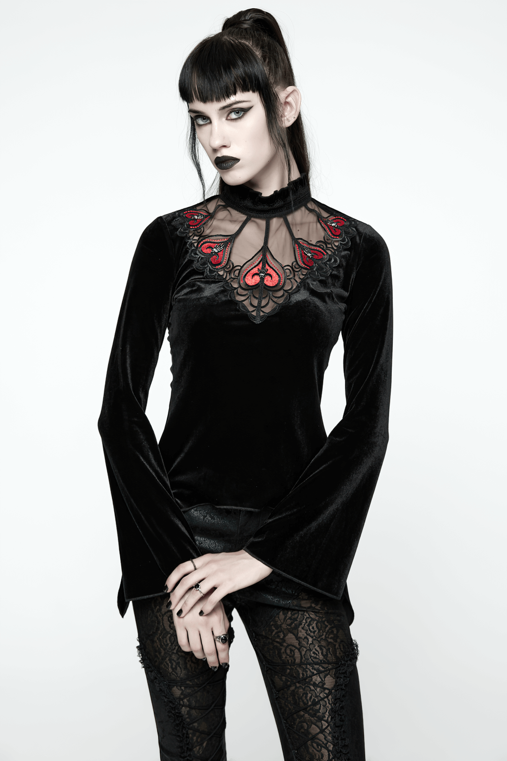 Gothic Black Velvet Top with Lace and Red Heart Detail