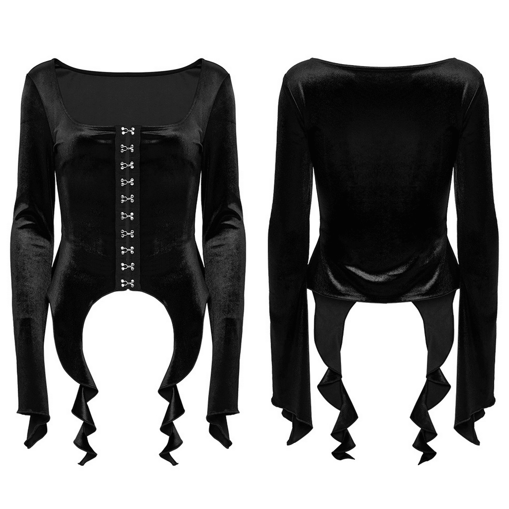 Gothic Black Velvet Top with Square Collar and Metal Buckles