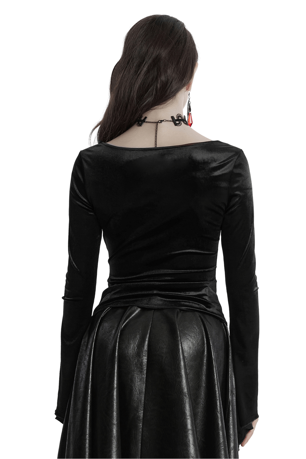 Gothic Black Velvet Top with Square Collar and Metal Buckles