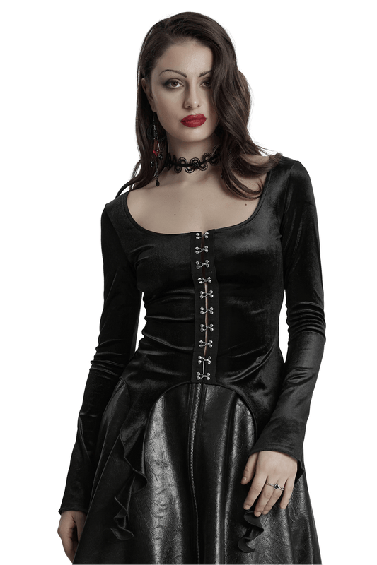 Gothic Black Velvet Top with Square Collar and Metal Buckles