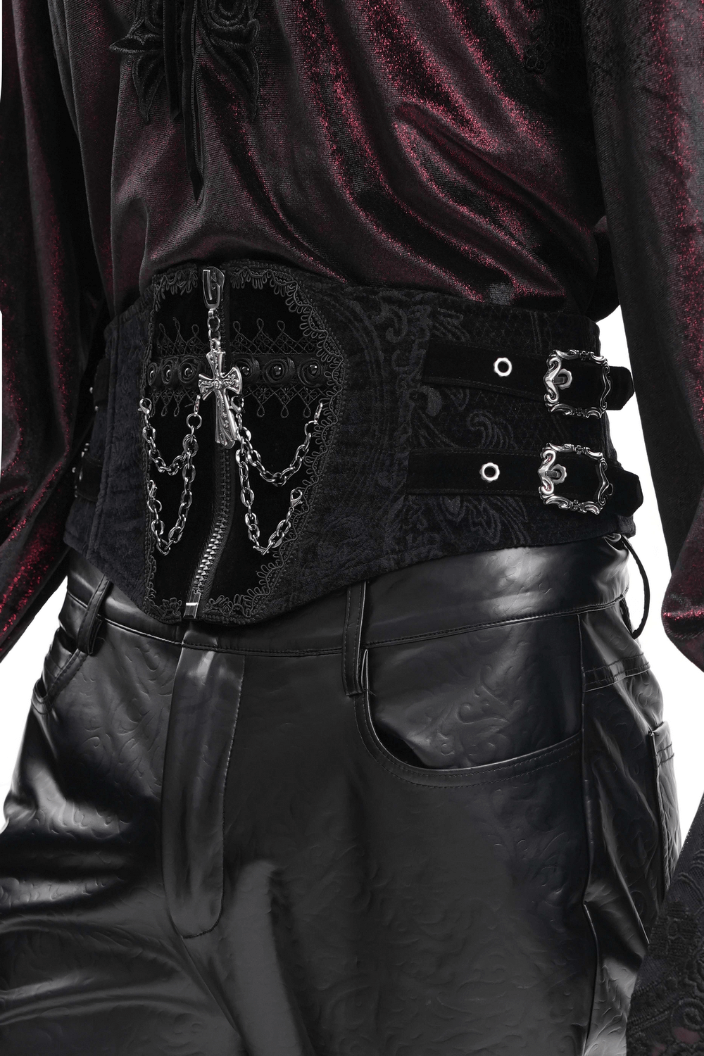 Gothic Black Waist Cincher with Chains and Cross
