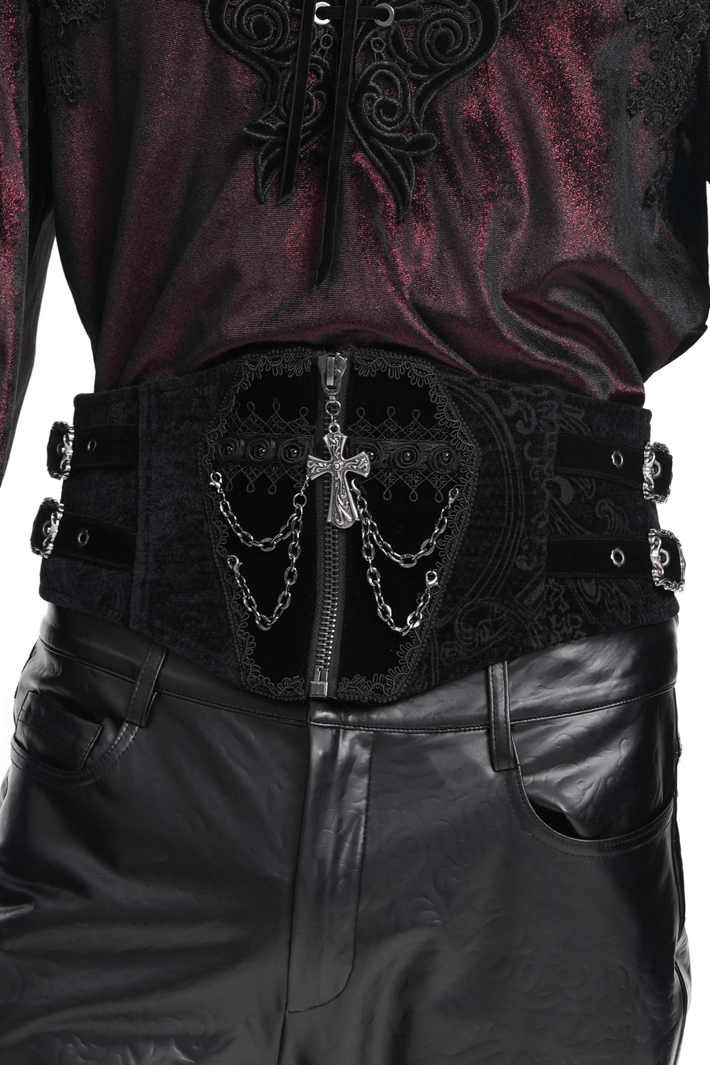 Gothic Black Waist Cincher with Chains and Cross
