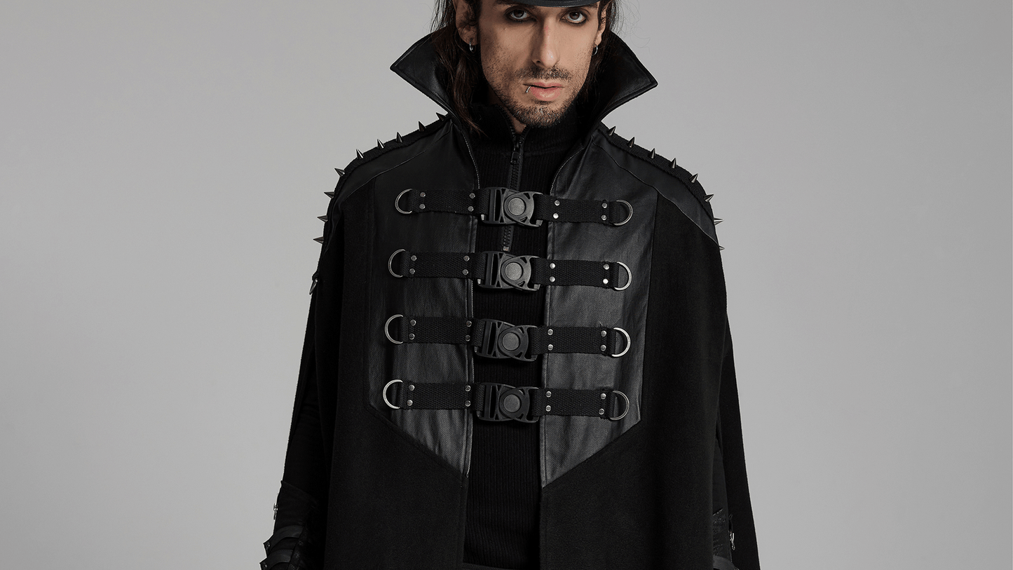 Gothic Black Woolen Cape with Buckle Accents for Men