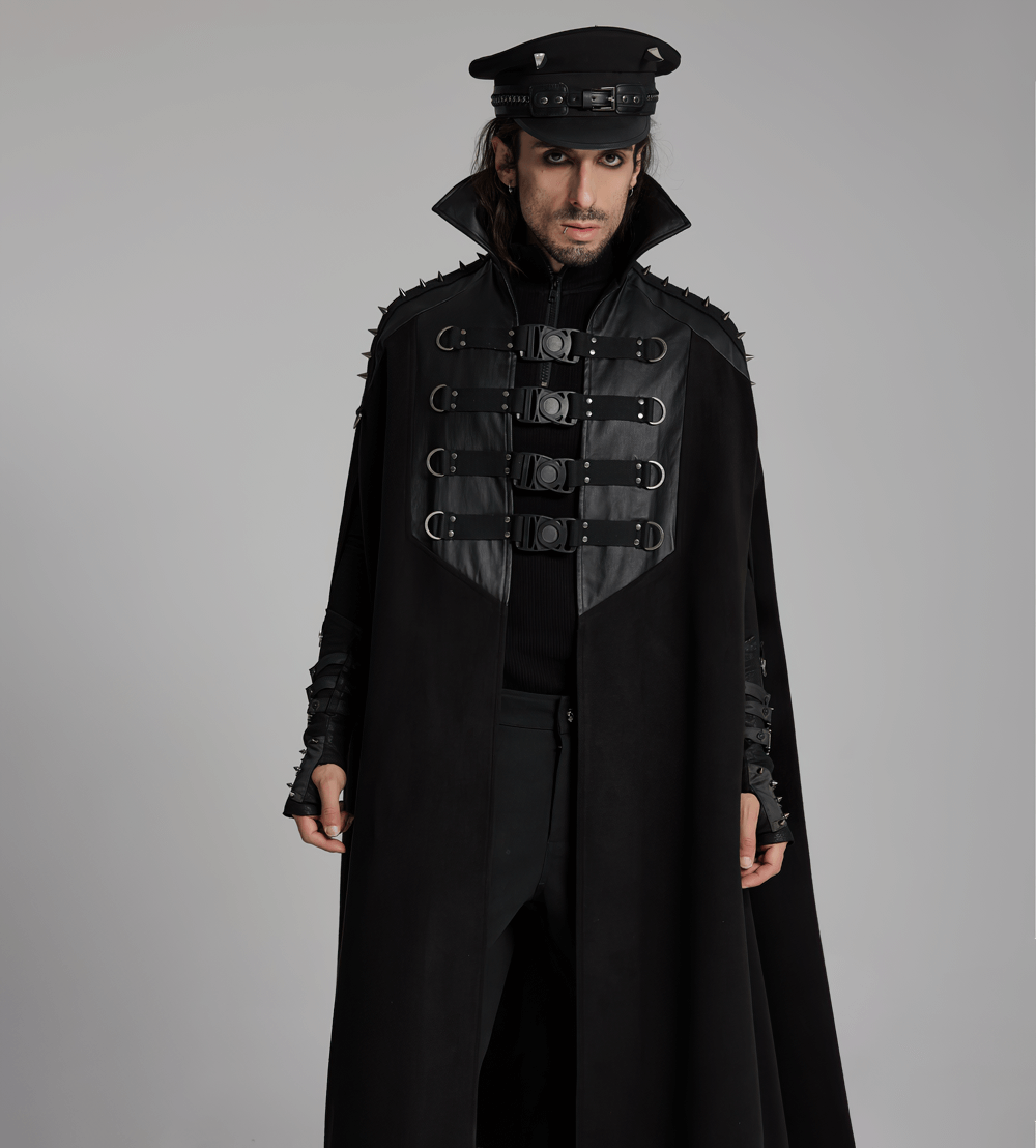 Gothic Black Woolen Cape with Buckle Accents for Men