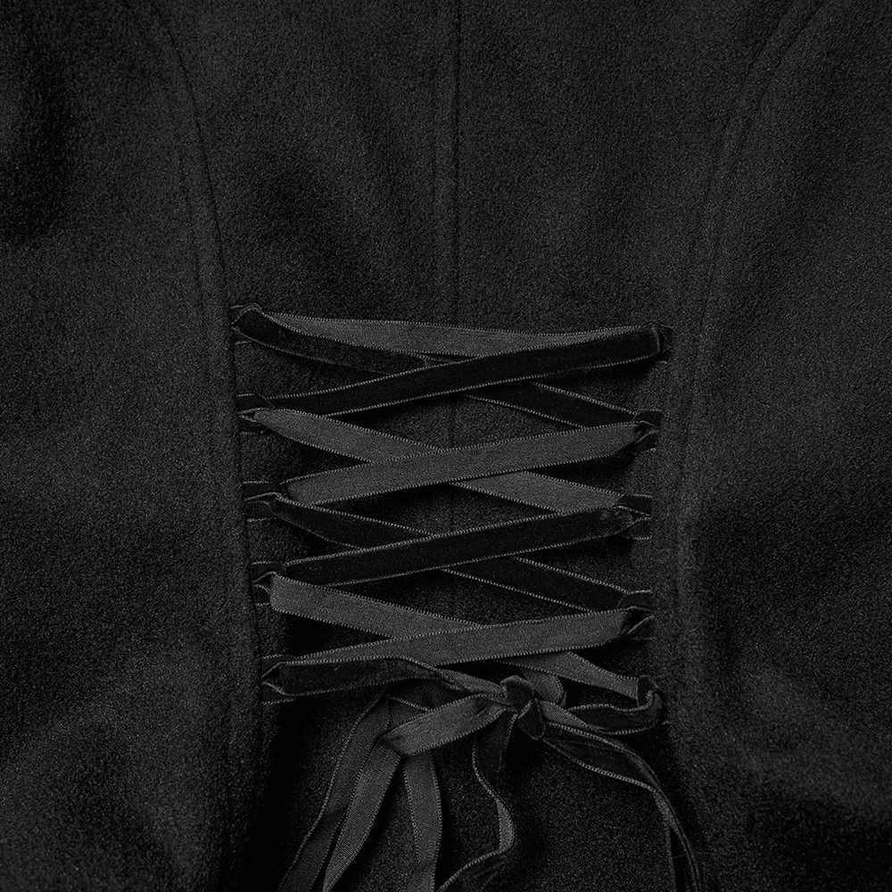 Gothic Black Woolen Jacket with Embroidery and Lace-Up