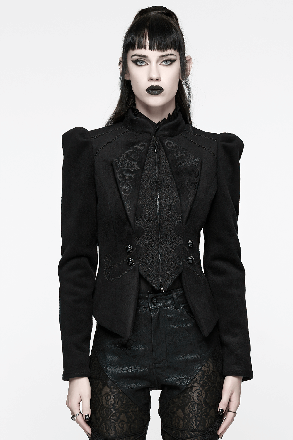 Gothic Black Woolen Jacket with Embroidery and Lace-Up