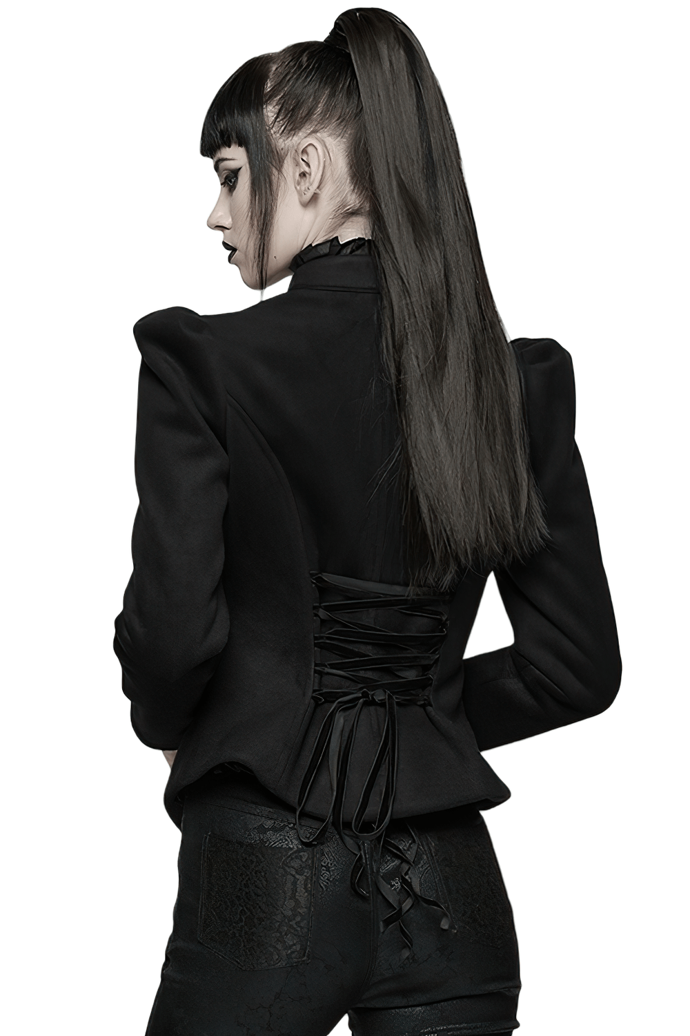 Gothic Black Woolen Jacket with Embroidery and Lace-Up