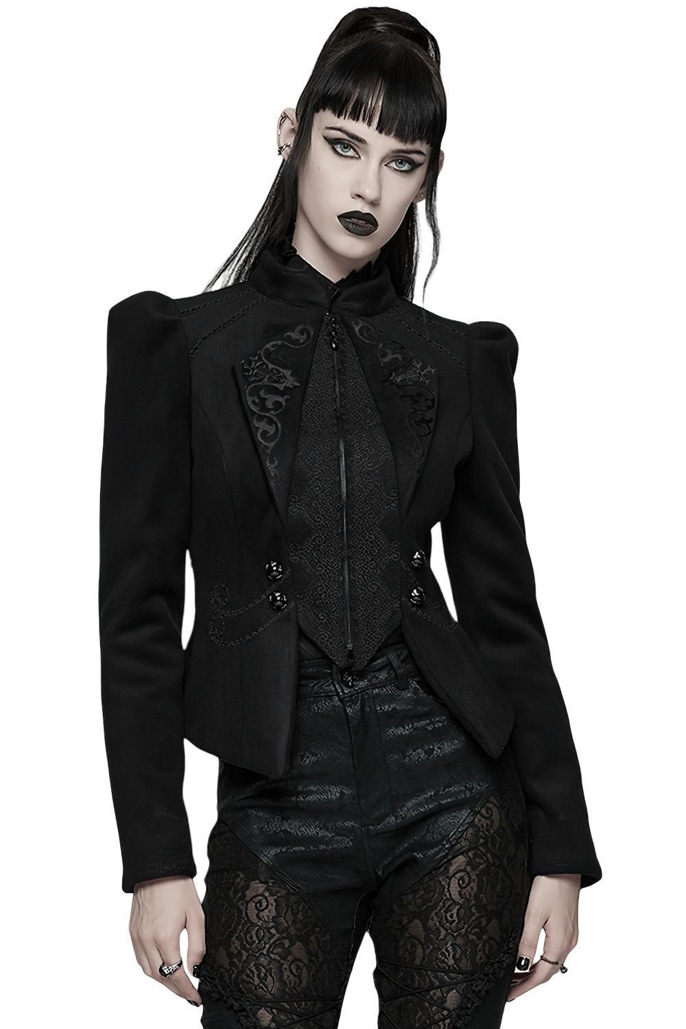 Gothic Black Woolen Jacket with Embroidery and Lace-Up