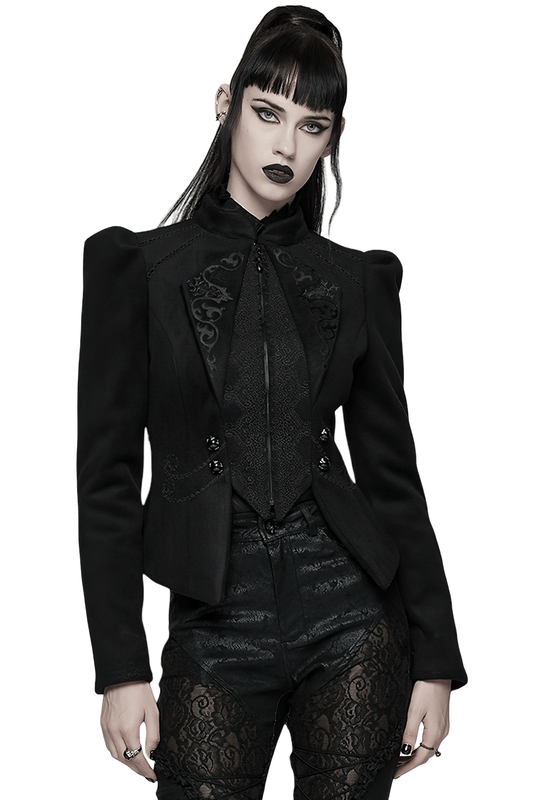 Gothic Black Woolen Jacket with Embroidery and Lace-Up