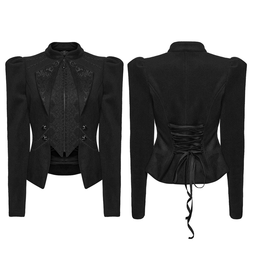 Gothic Black Woolen Jacket with Embroidery and Lace-Up