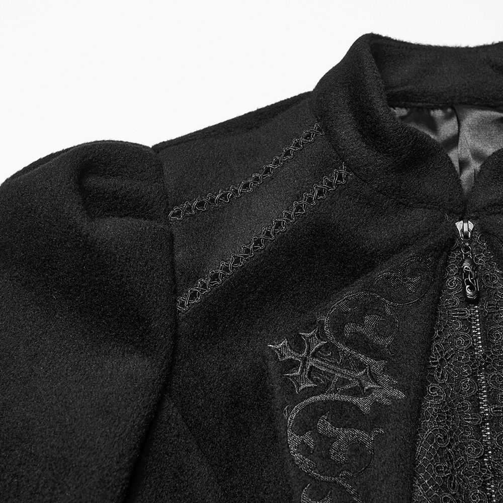 Gothic Black Woolen Jacket with Embroidery and Lace-Up