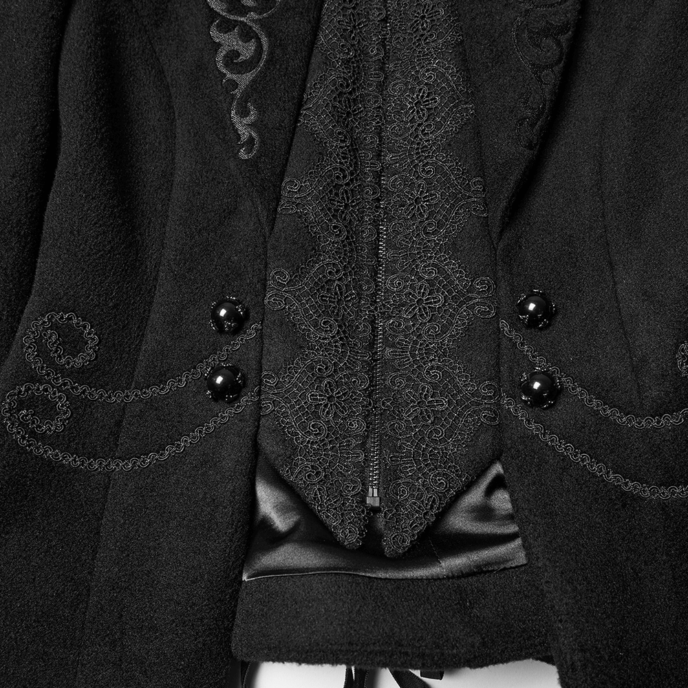 Gothic Black Woolen Jacket with Embroidery and Lace-Up