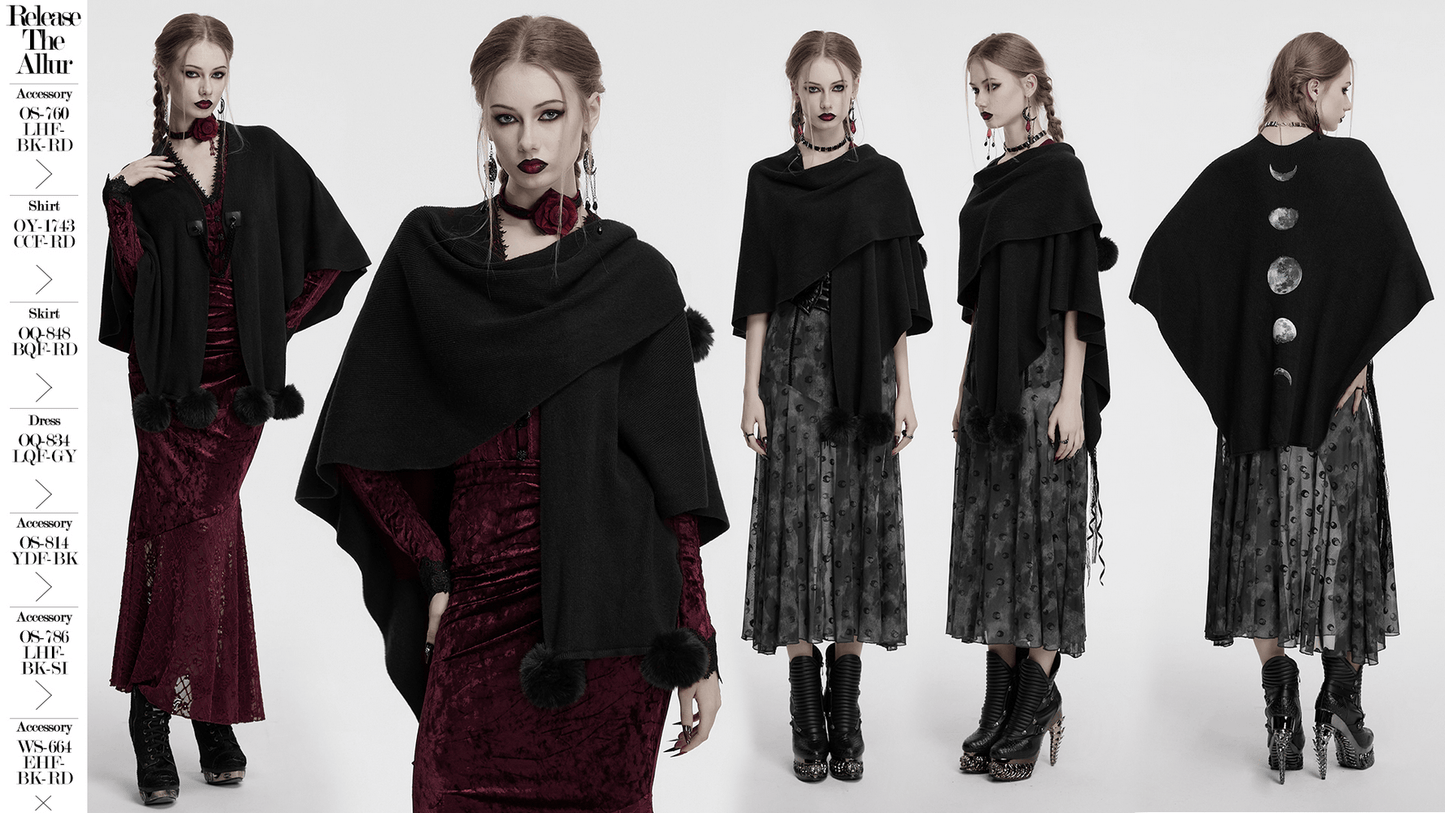 Gothic Black Woolen Shawl with Lunar Eclipse Print
