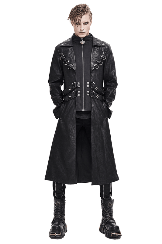 Gothic Black Zipper Leather Coat / Men's Long Coats with Studs and D-rings