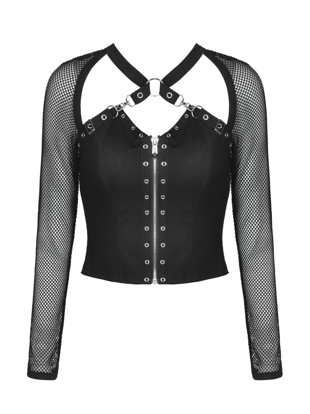 Gothic Black Zipper Mesh Top with Studded Detail
