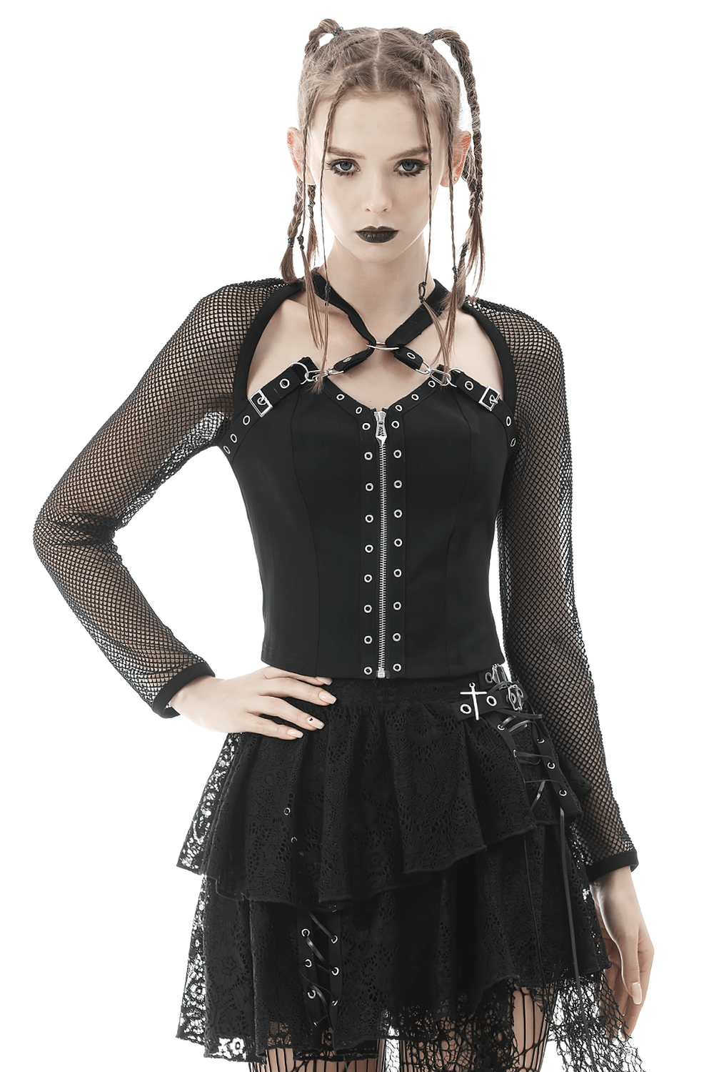 Gothic Black Zipper Mesh Top with Studded Detail