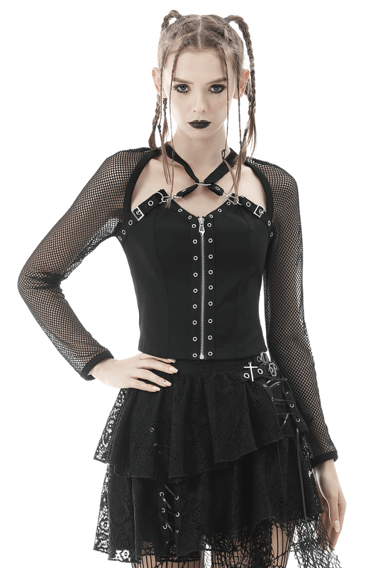 Gothic Black Zipper Mesh Top with Studded Detail