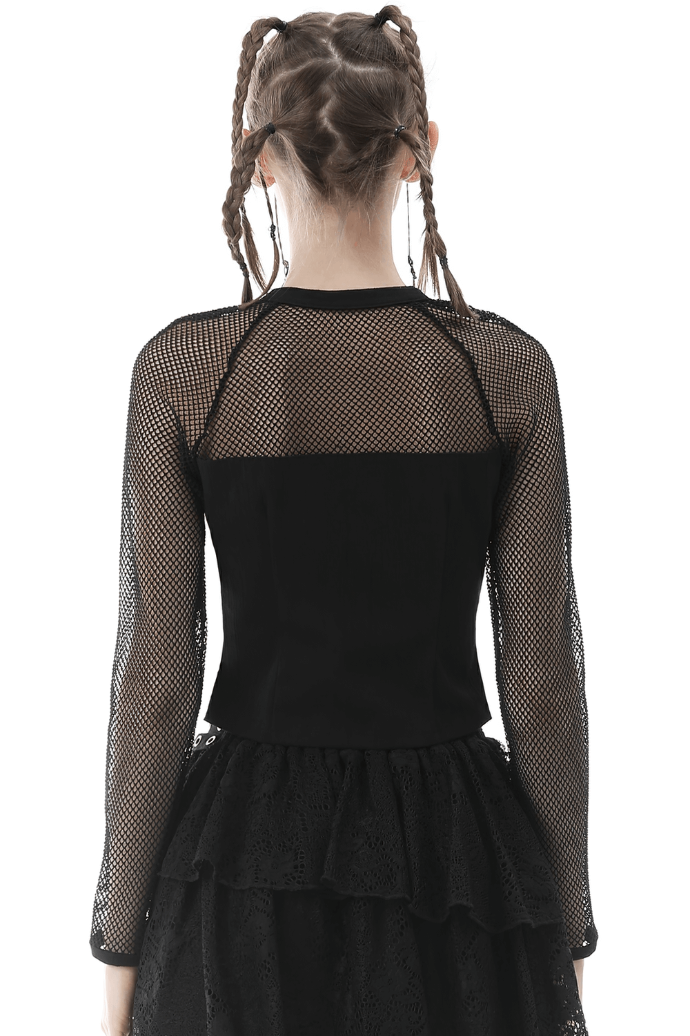 Gothic Black Zipper Mesh Top with Studded Detail