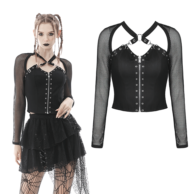 Gothic Black Zipper Mesh Top with Studded Detail