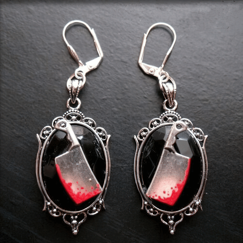Gothic Bloody Meat Cleaver Earrings / Fashion Jewelry with Big Stone