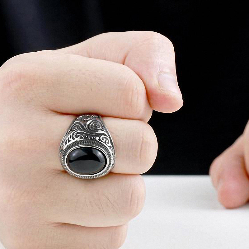 Gothic Blue and Black Stone Ring / Stainless Steel Alternative Fashion Jewelry