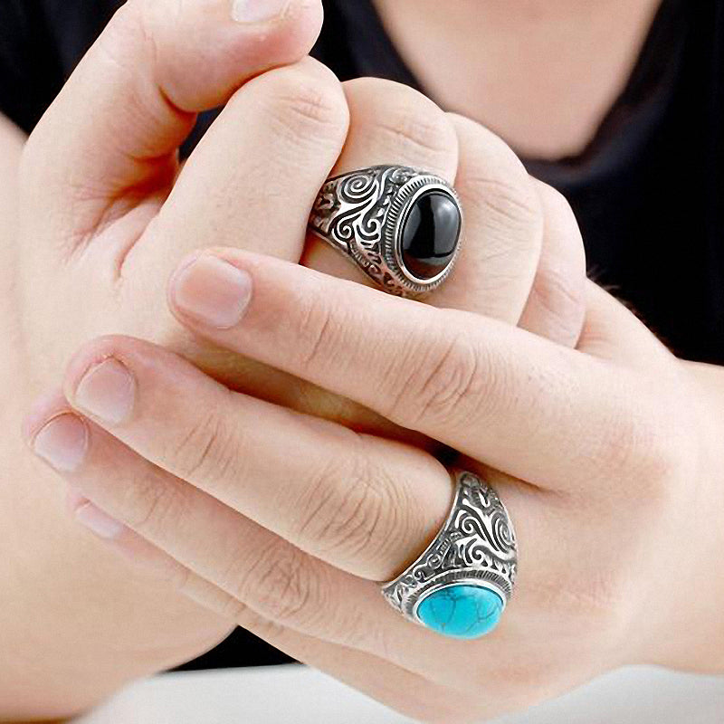 Gothic Blue and Black Stone Ring / Stainless Steel Alternative Fashion Jewelry