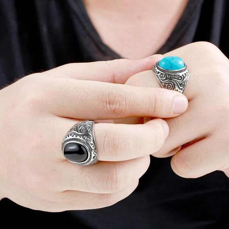 Gothic Blue and Black Stone Ring / Stainless Steel Alternative Fashion Jewelry