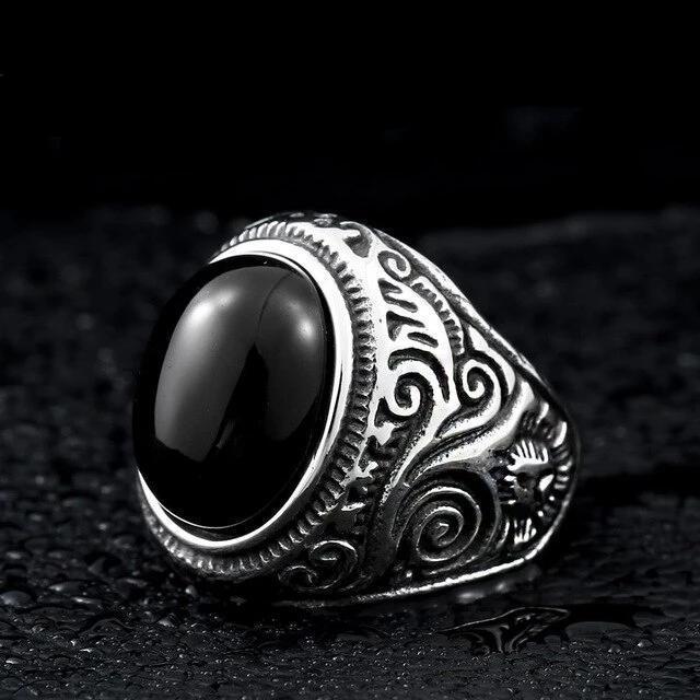 Gothic Blue and Black Stone Ring / Stainless Steel Alternative Fashion Jewelry