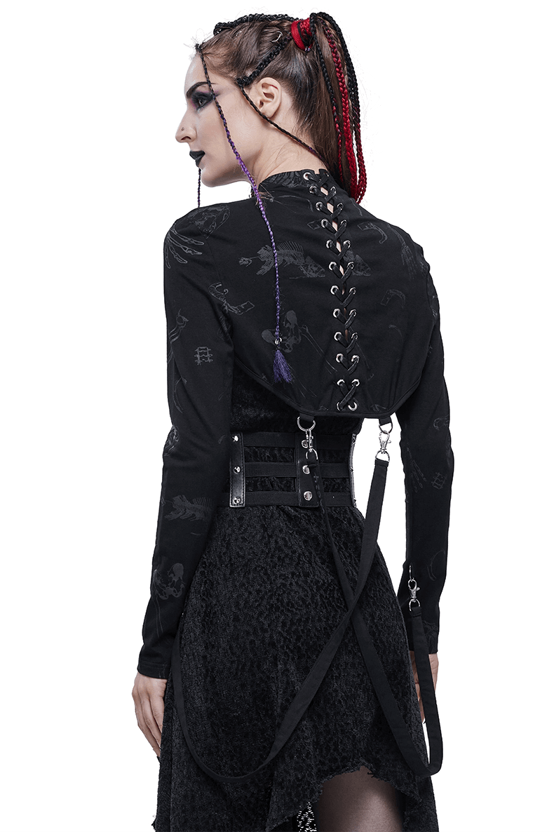 Gothic Bone Printed Zipper Cape / Women's Strappy Bolero with Lacing at the Back