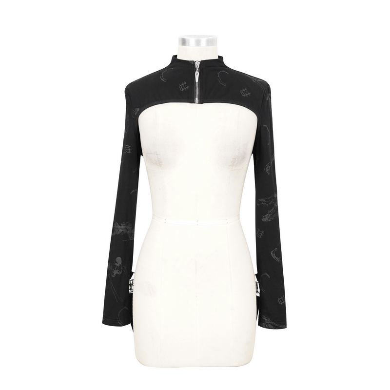 Gothic Bone Printed Zipper Cape / Women's Strappy Bolero with Lacing at the Back
