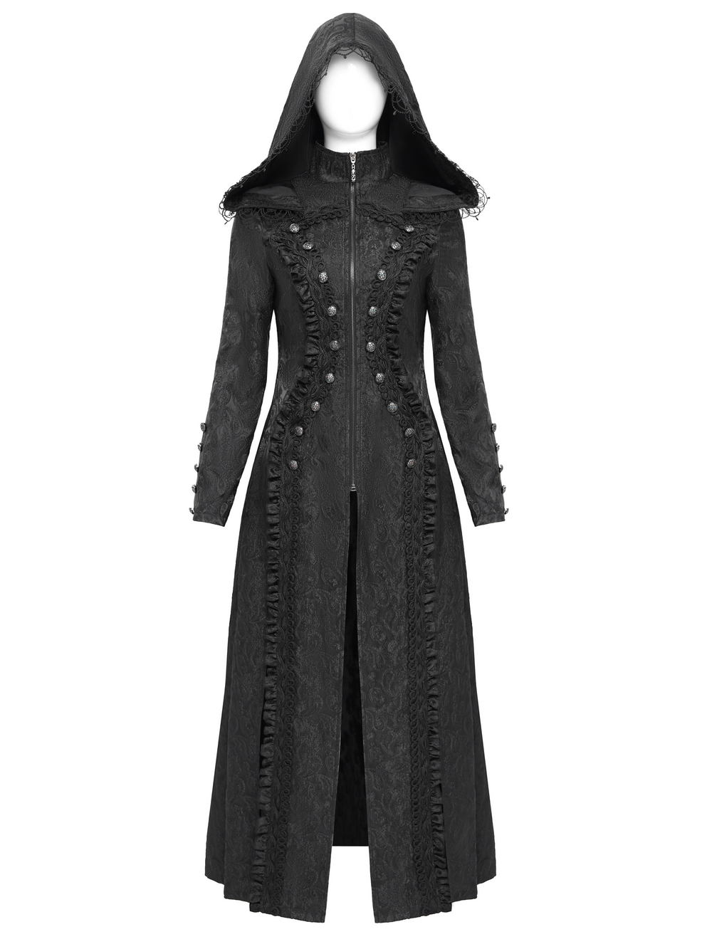 Gothic Brocade Hooded Long Coat with Lace Trim