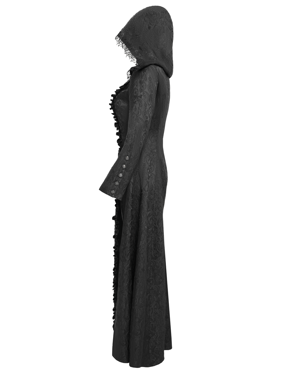Gothic Brocade Hooded Long Coat with Lace Trim
