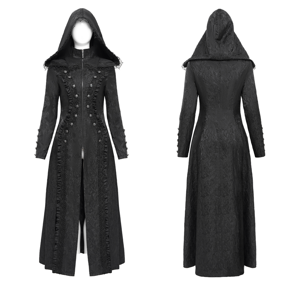 Gothic Brocade Hooded Long Coat with Lace Trim