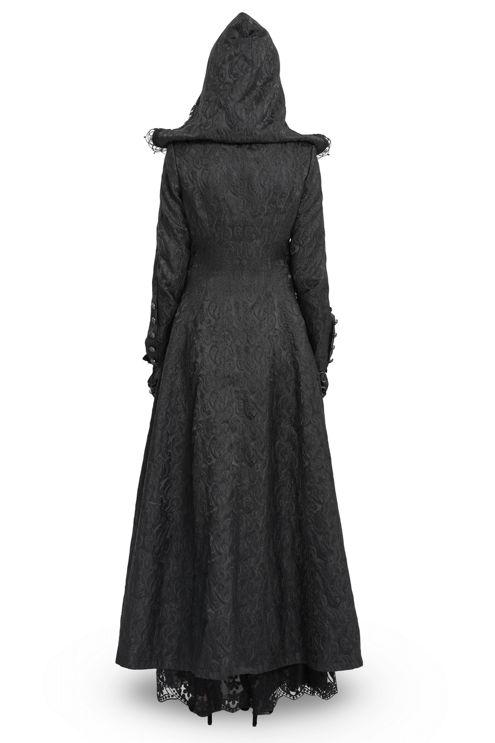 Gothic Brocade Hooded Long Coat with Lace Trim