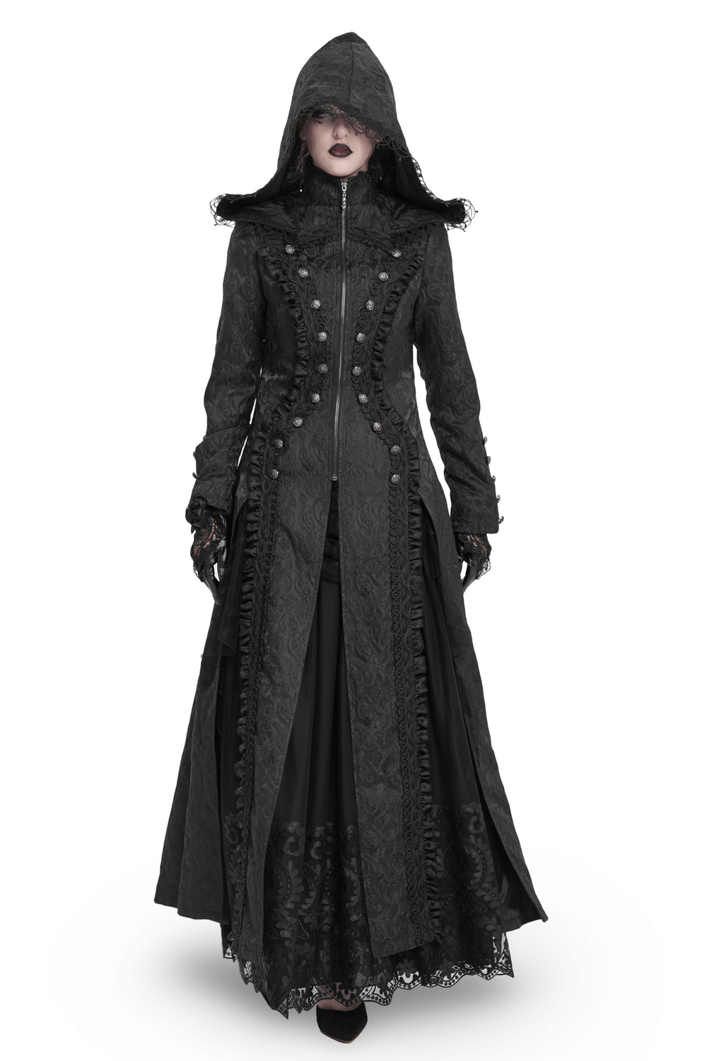 Gothic Brocade Hooded Long Coat with Lace Trim