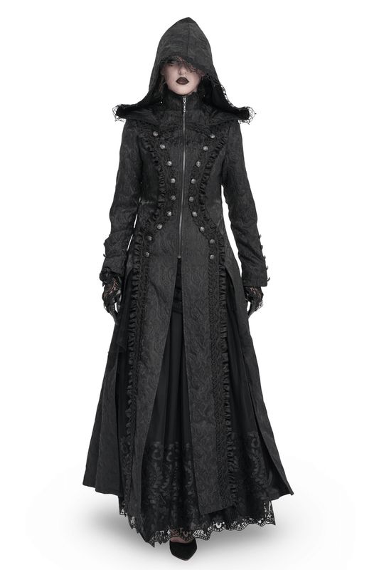 Gothic Brocade Hooded Long Coat with Lace Trim