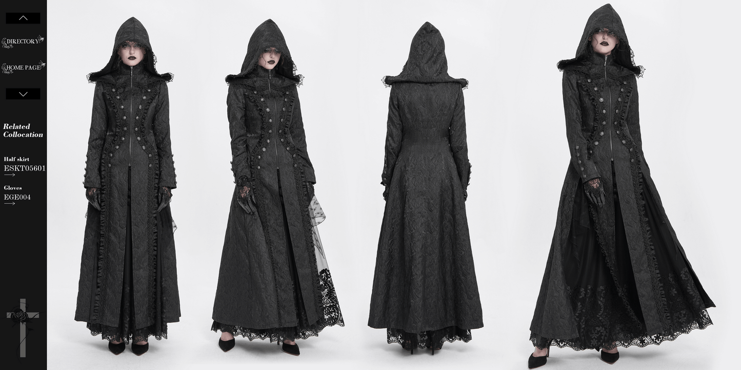 Gothic Brocade Hooded Long Coat with Lace Trim