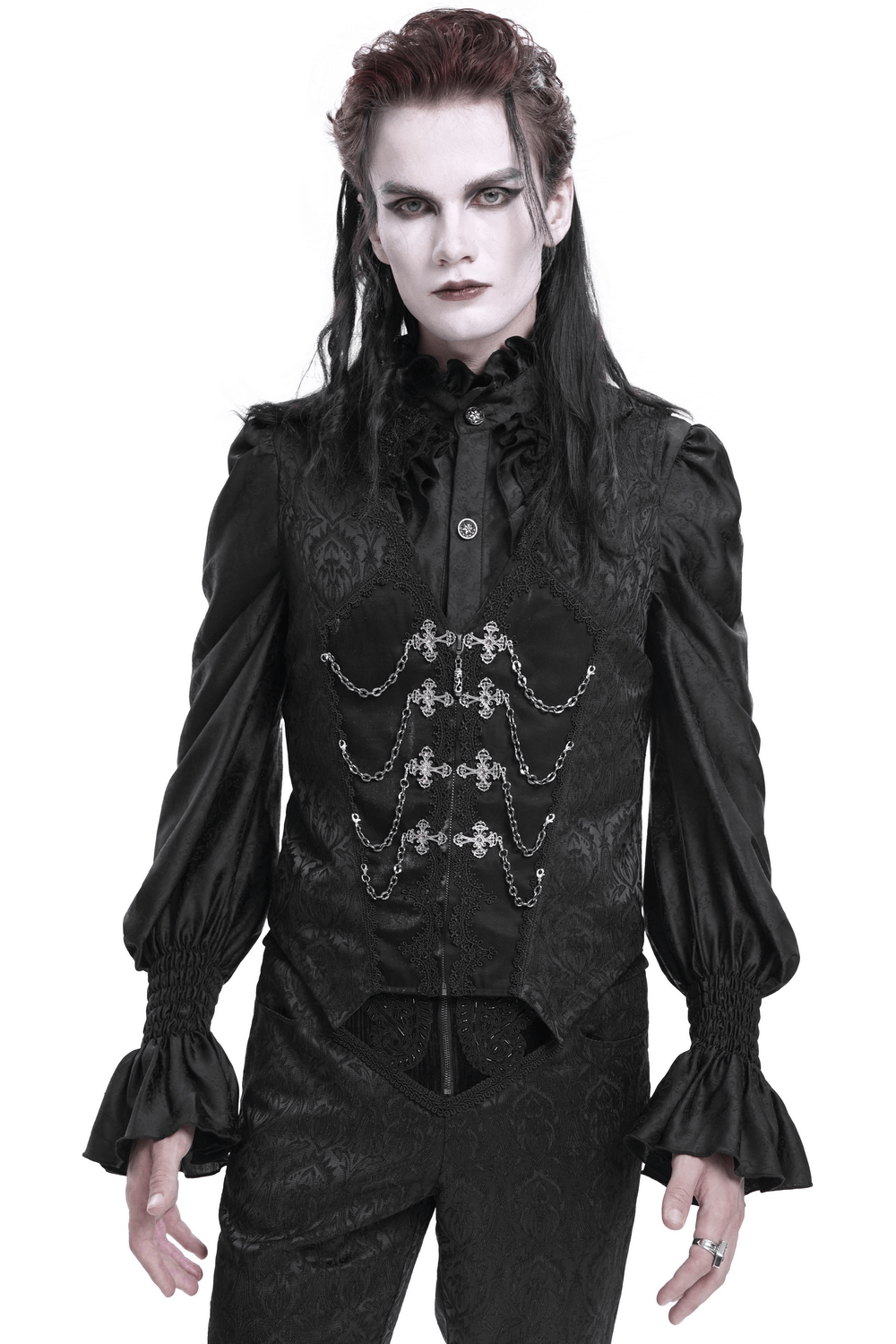 Gothic Brocade Waistcoat with Chains and Zip Front Detail