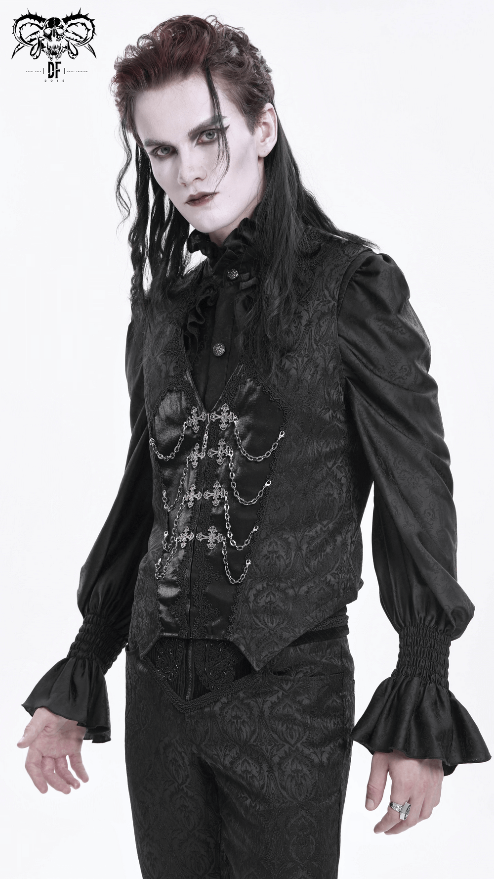 Gothic Brocade Waistcoat with Chains and Zip Front Detail