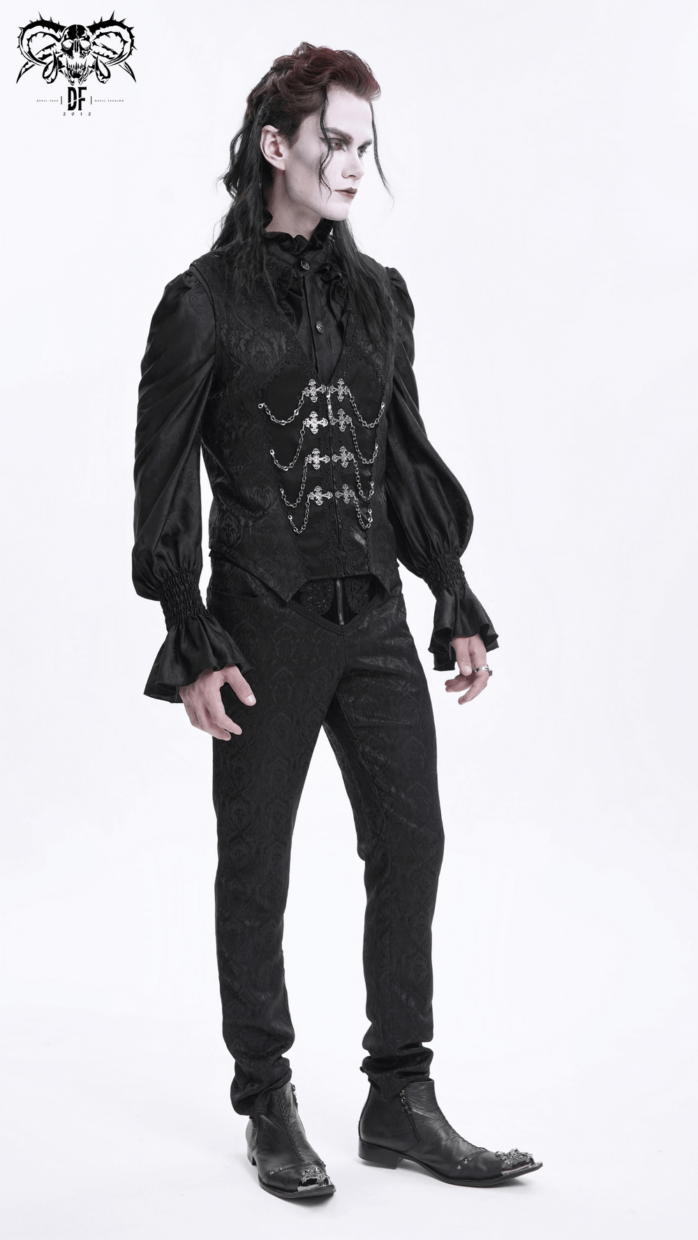 Gothic Brocade Waistcoat with Chains and Zip Front Detail