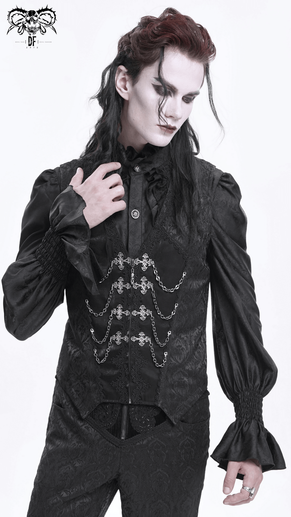 Gothic Brocade Waistcoat with Chains and Zip Front Detail