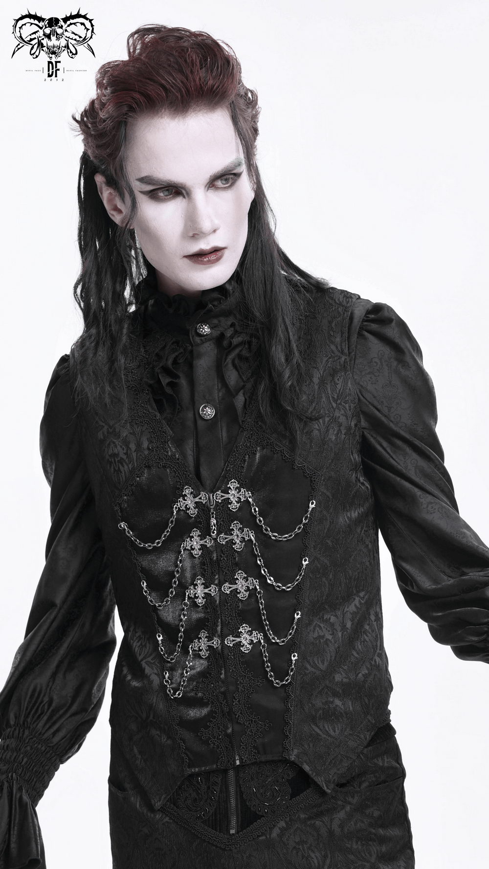 Gothic Brocade Waistcoat with Chains and Zip Front Detail