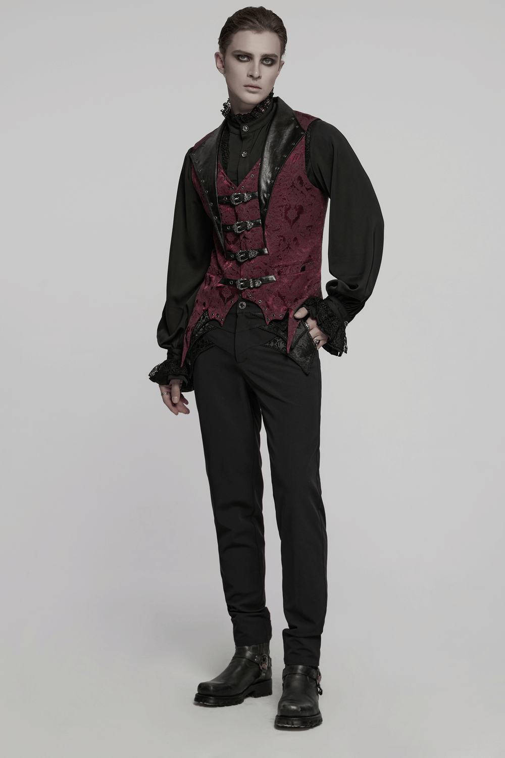 Gothic Brocade Waistcoat with Leather Buckles and Lapel