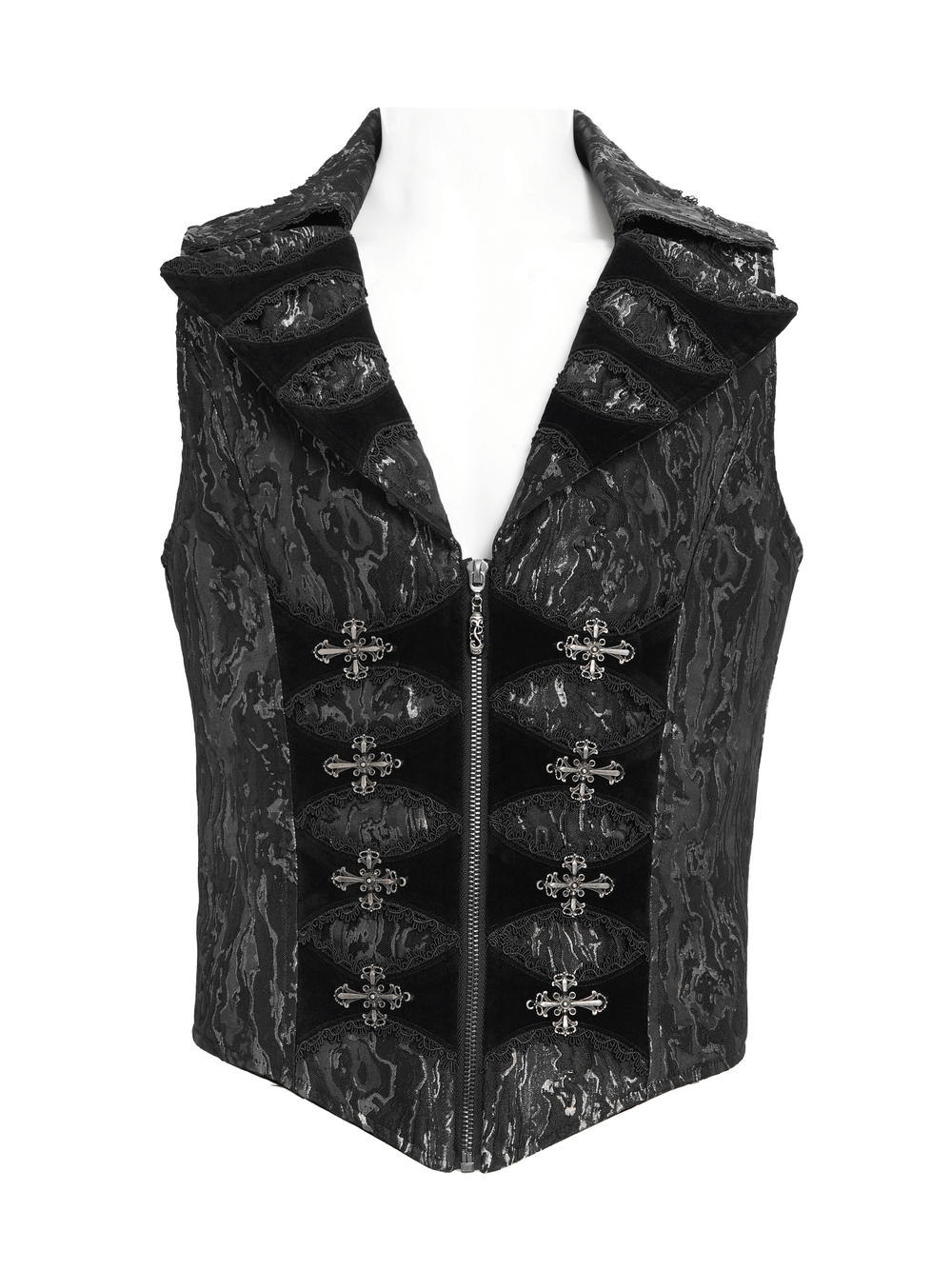 Gothic Brocade Waistcoat with Metal Clasps and High Collar