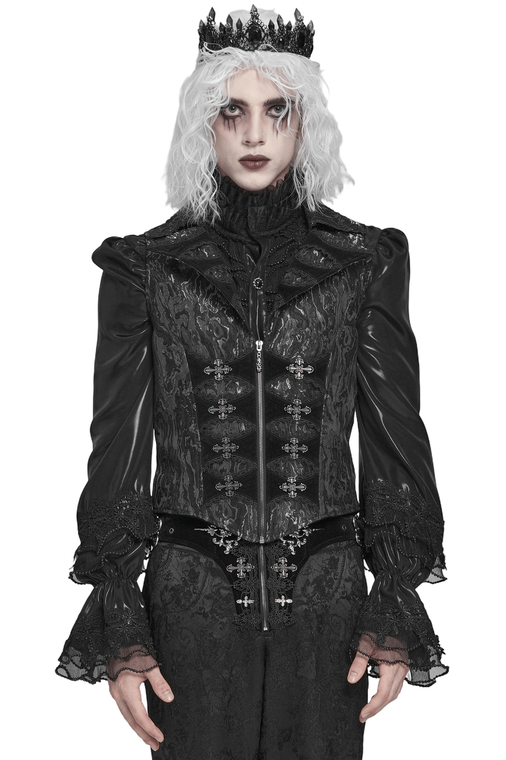 Gothic Brocade Waistcoat with Metal Clasps and High Collar