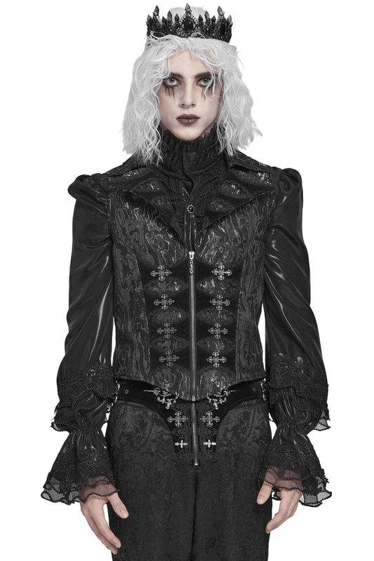 Gothic Brocade Waistcoat with Metal Clasps and High Collar