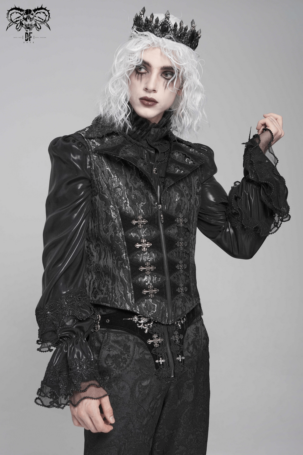 Gothic Brocade Waistcoat with Metal Clasps and High Collar