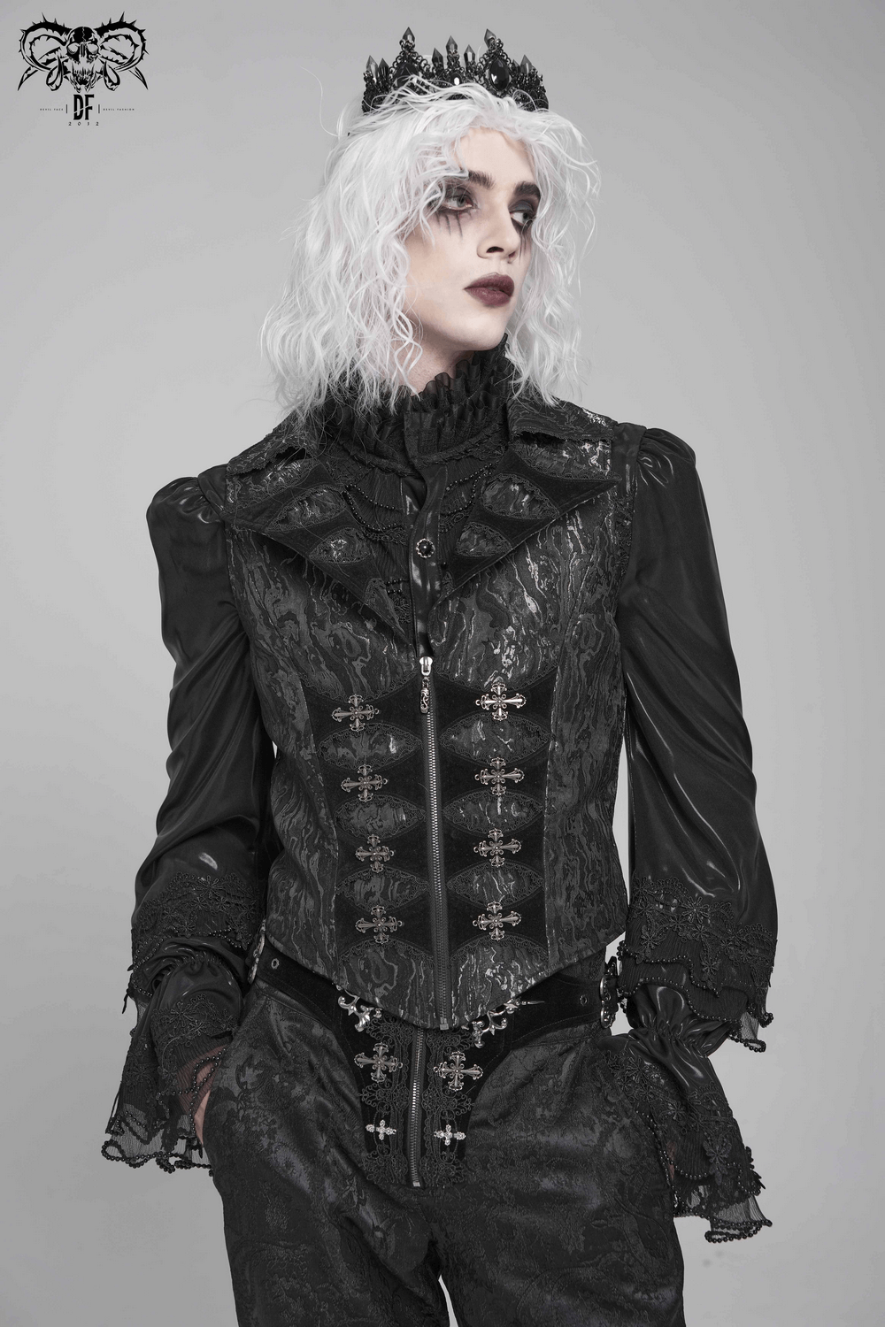 Gothic Brocade Waistcoat with Metal Clasps and High Collar