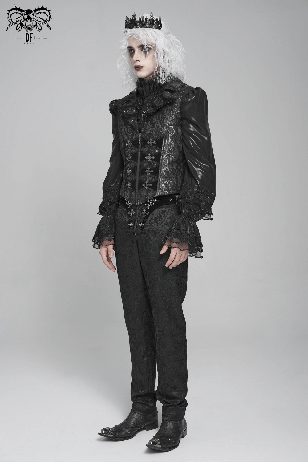 Gothic Brocade Waistcoat with Metal Clasps and High Collar