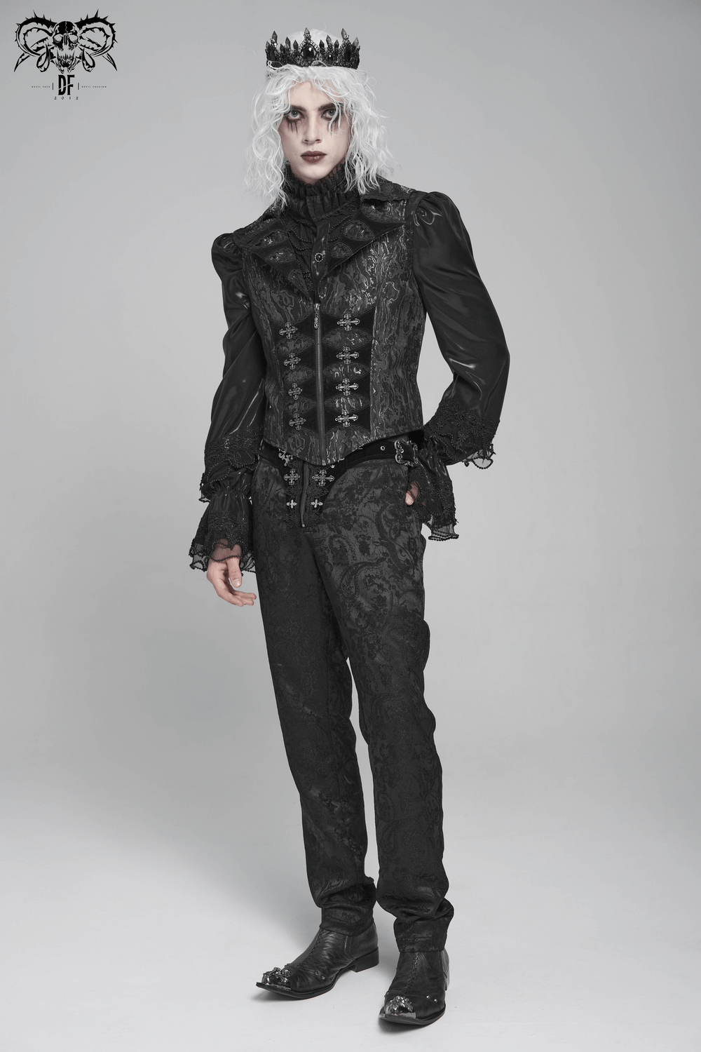 Gothic Brocade Waistcoat with Metal Clasps and High Collar